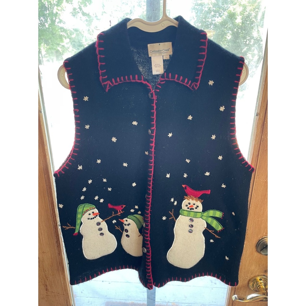 Coldwater Creek Snowman‎ Christmas Holiday Sweater Vest Sleeveless Black